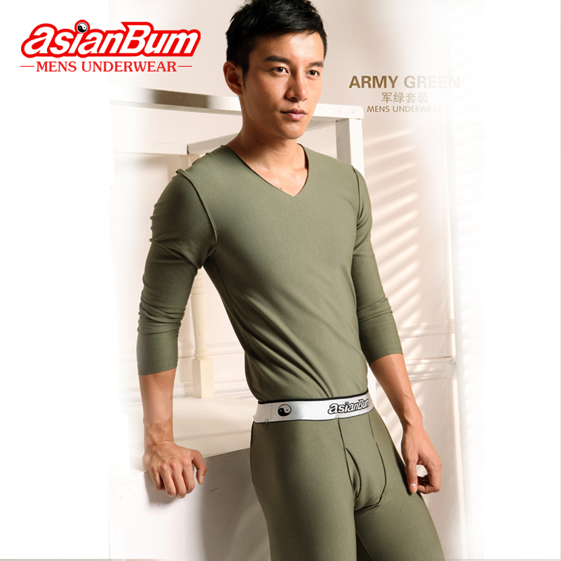 Asianbum velvet warm underwear set V-neck male thermal underwear thickening plus velvet