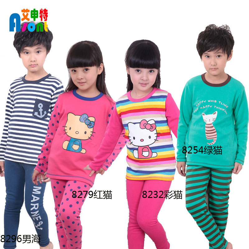 Asont child thermal underwear set plus velvet thickening male child girls clothing autumn and winter o-neck sleepwear