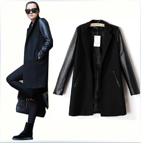 ASOS Fashion New Womens Wool Blend Black PU Faux Leather Sleeved Slim Fit long ZA Style Coat Jacket