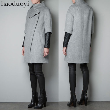 Asymmetrical oblique zipper front fly turtleneck faux leather overcoat double layer sleeve grey woolen trench