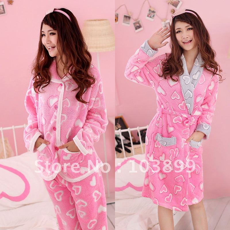 At Home Service Autumn and Winter Cartoon Autumn Lounge Coral Women's Long-sleeve Sleepwear