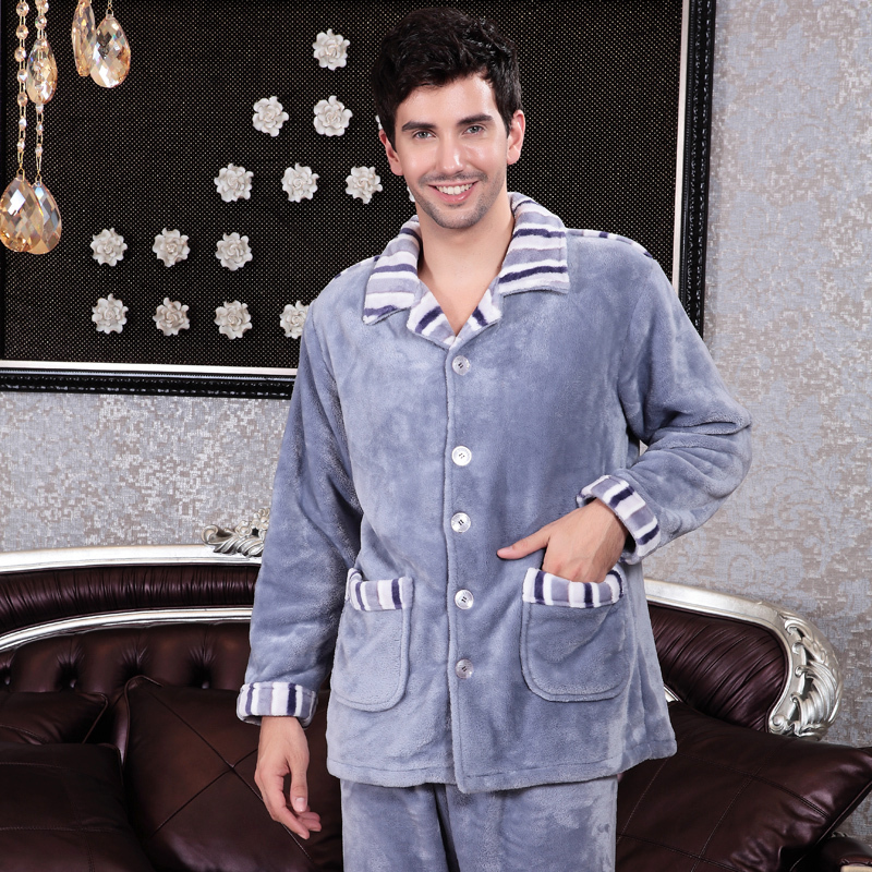 At home service autumn plus size autumn and winter lounge male long-sleeve thickening stripe flannel sleepwear