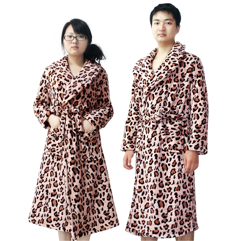 At home service plus size lengthen thickening leopard print coral fleece lounge lovers coral fleece robe