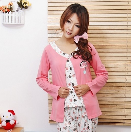 At home service plus size summer cartoon sleepwear piece set lounge women's sleepwear female 100% cotton long-sleeve