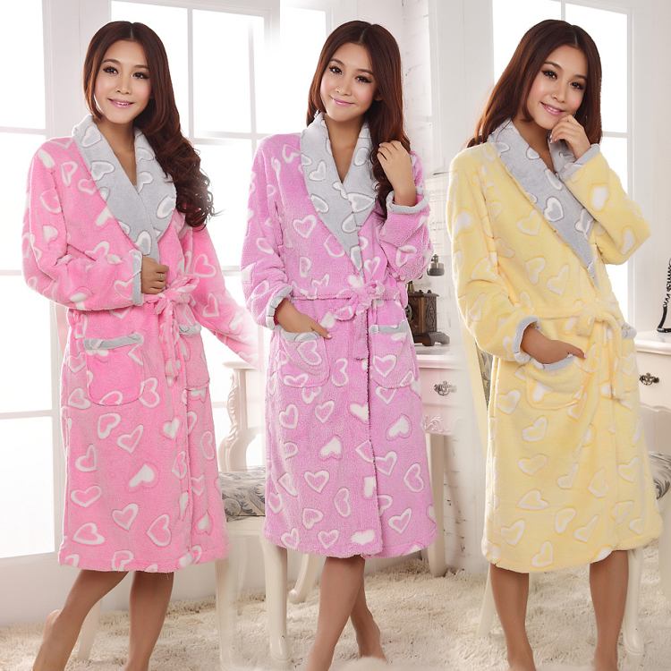 At home service robe autumn and winter cartoon heart lounge coral fleece women's long-sleeve sleepwear