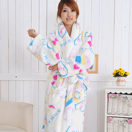 At home service sleepwear print thickening coral fleece robe autumn and winter bathrobe fashion lounge female