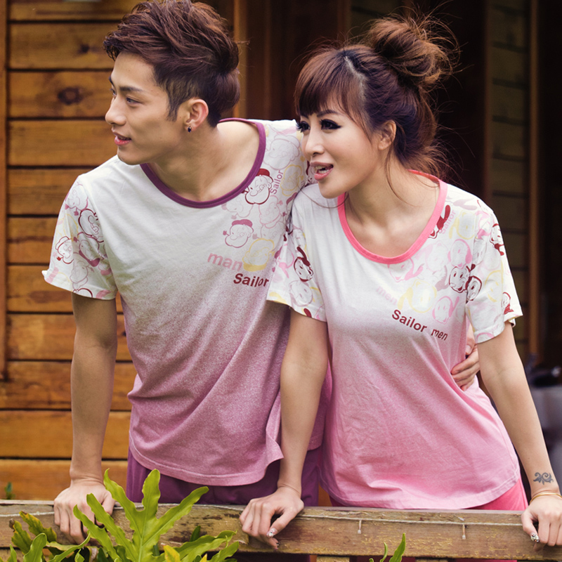 At home service summer short-sleeve set male women's lounge 100% cotton lovers summer sleepwear