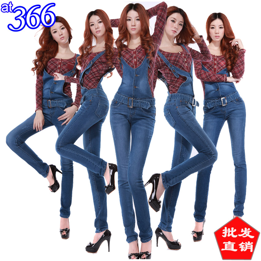 At366 women's 100% cotton casual pants one piece suspenders spaghetti strap denim woman trousers