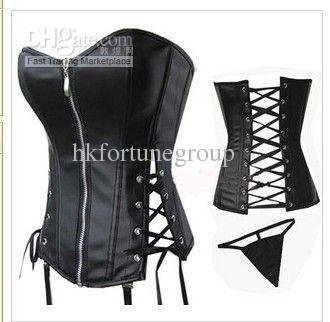 Attractive Gothic Black Faux Leather PU Vinyl Corset w. Thong 2012 New Women Underwear Body Shaper Boning Lace Up Sides & Back