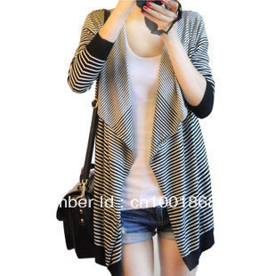 Authentic special 2013 Spring  Autumn the new Korean Women in the long section striped knitted cardigan large size knit jacket