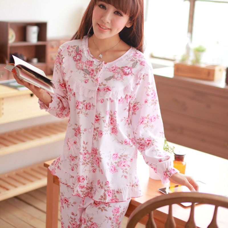 Autumn 100% cotton women's long-sleeve sleepwear lounge sweet rose cardigan twinset