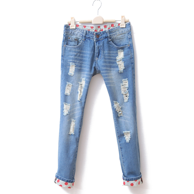 Autumn 2012 water wash white hole roll-up hem denim skinny pants pencil pants female wk1027