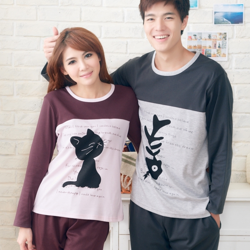 Autumn and spring long-sleeve knitted cotton lovers sleepwear /women's cat &fish cotton lounge twinset/pajamas set