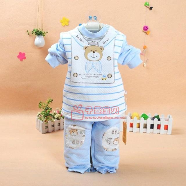 Autumn and winter 100% cotton baby bear buckle thermal underwear set baby twinset dual