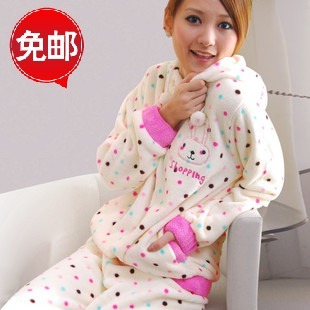 Autumn and winter 100% cotton long-sleeve coral fleece female sleepwear twinset thickening with a hood lounge