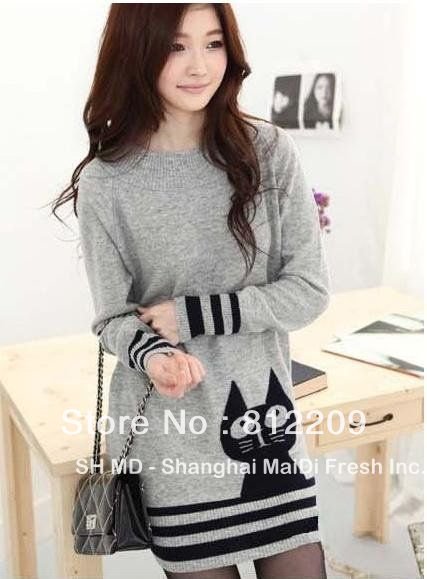 Autumn and winter 2012 spring plus size o-neck russy cat sweater    C13150LI   loose medium-long sweater women Free Shipping