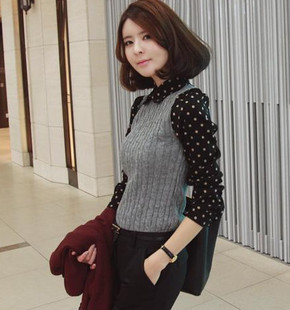 autumn and winter 2012 women's polka dot t shirt turn-down collar twisted knitted sweater for ladies kniwear shirts