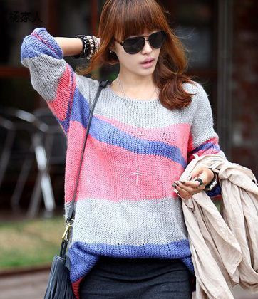 Autumn and winter 2013 medium-long batwing sleeve gradient multicolour loose plus size knitted basic sweater female