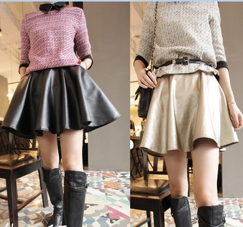 Autumn and winter all-match 2012 fashion solid color vintage puff skirt leather skirt bust skirt