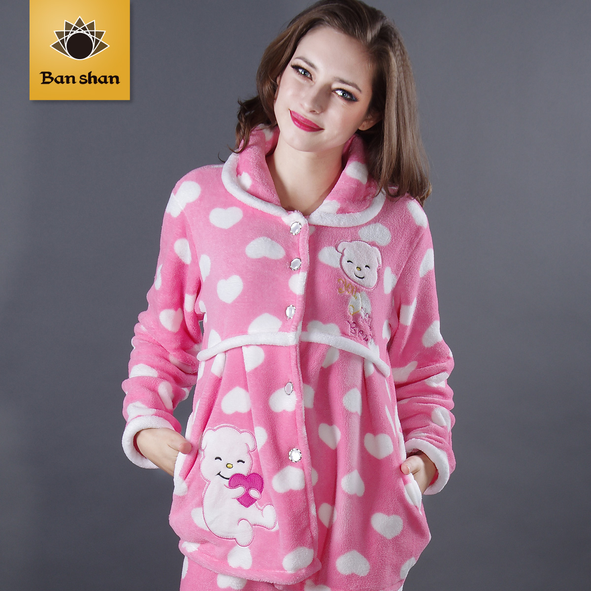 Autumn and winter at home coral fleece sleepwear thermal lounge long sleeve length pants set pink care bear pattern