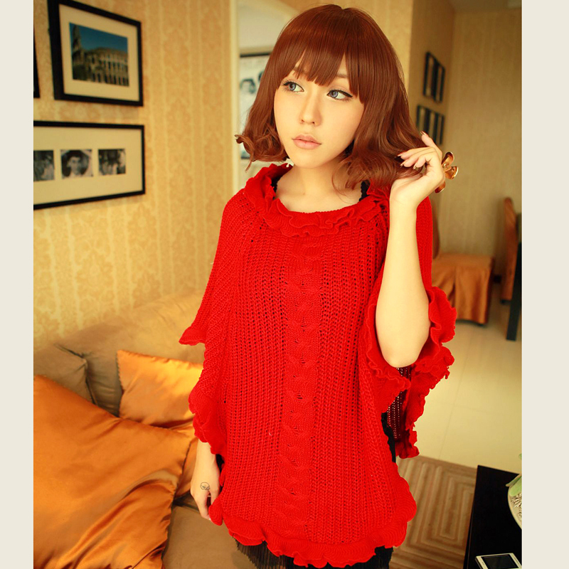 Autumn and winter batwing sleeve pullover sweater fashion ruffle hem sweater cloak sweater cape red m66c45