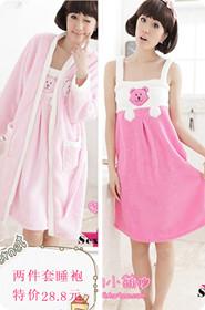 Autumn and winter bear polar fleece fabric sleepwear twinset spaghetti strap women's nightgown robe