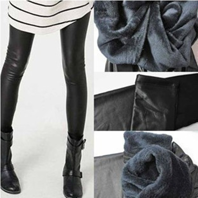 Autumn and winter beaver goatswool matt faux leather ankle length trousers thickening plus velvet legging Women faux leather