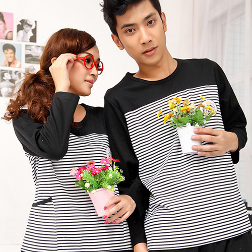 Autumn and winter black and white stripe lovers 100% cotton sleepwear long-sleeve set casual lounge