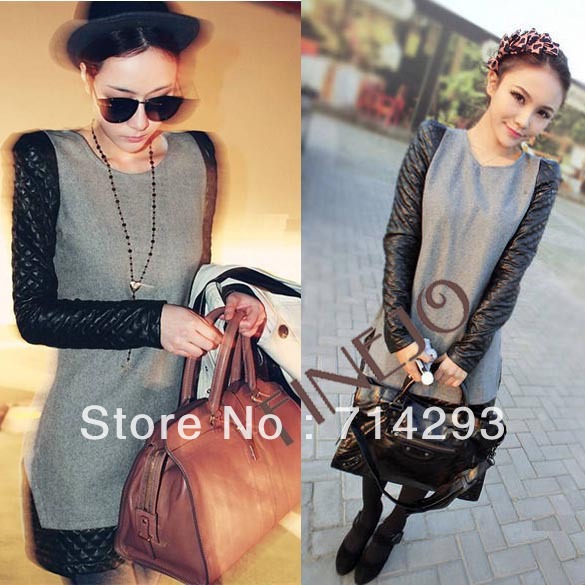 Autumn and Winter black synthetic leather sleeve patchwork fur woolen one-piece dress fashion Free Shipping 8780