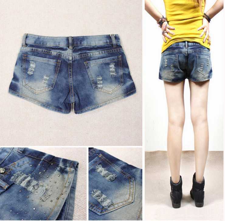 autumn and winter blue personalized distrressed paillette denim skirt pants shorts female