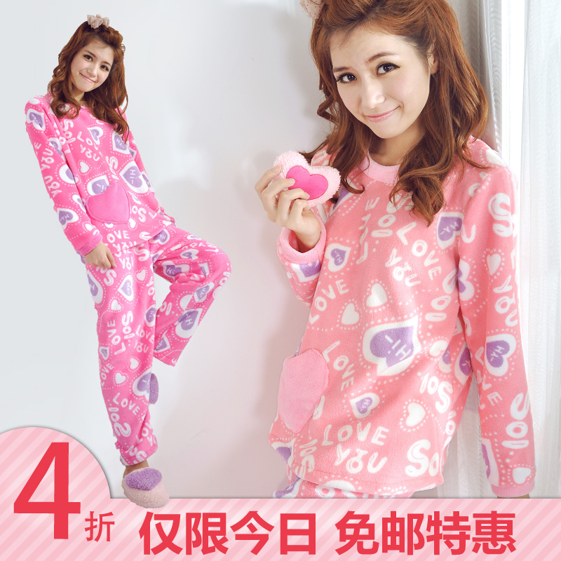 Autumn and winter cartoon coral fleece sleepwear female set long-sleeve lounge 701