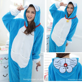 Autumn and winter cartoon DORAEMON women's one piece thickening coral fleece one piece sleepwear lounge