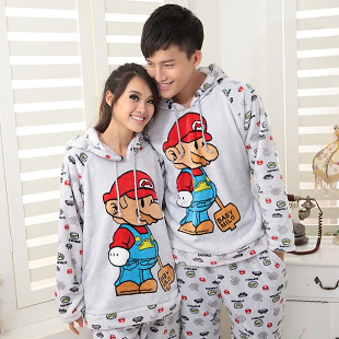 Autumn and winter cartoon long-sleeve thickening coral fleece sleep set lounge lovers sleepwear