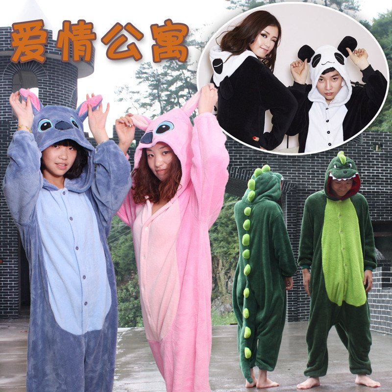 Autumn and winter cartoon male stitch one piece thickening coral fleece lovers sleepwear female