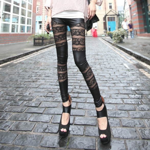 Autumn and winter casual ankle length trousers rose net meat faux leather legging lace sexy faux leather pants