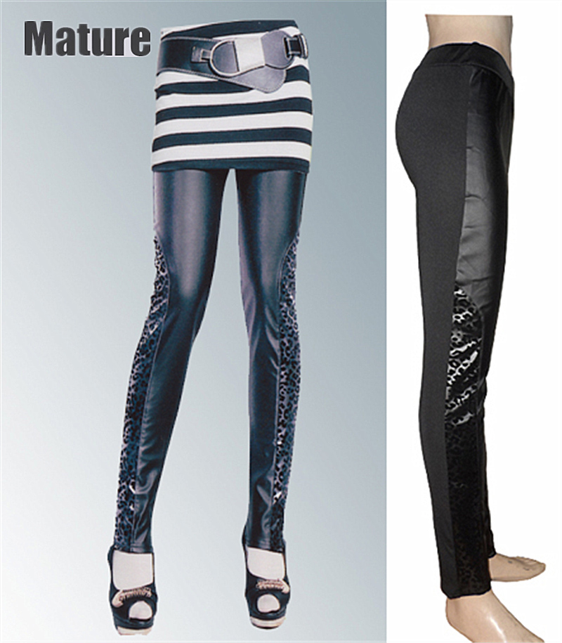 Autumn and winter casual female stovepipe patchwork basic leather pants leopard print faux leather one piece pants thermal ankle