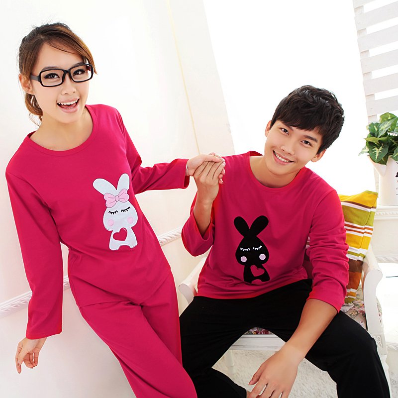 -- Autumn and winter ceremonized pure cotton male Women lovers long-sleeve solid color red sleep set