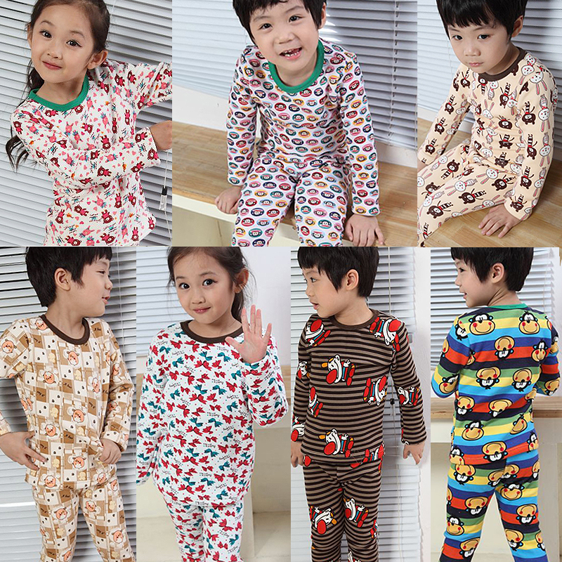 Autumn and winter children's clothing baby child thermal underwear set 100% cotton sleepwear plus velvet thickening