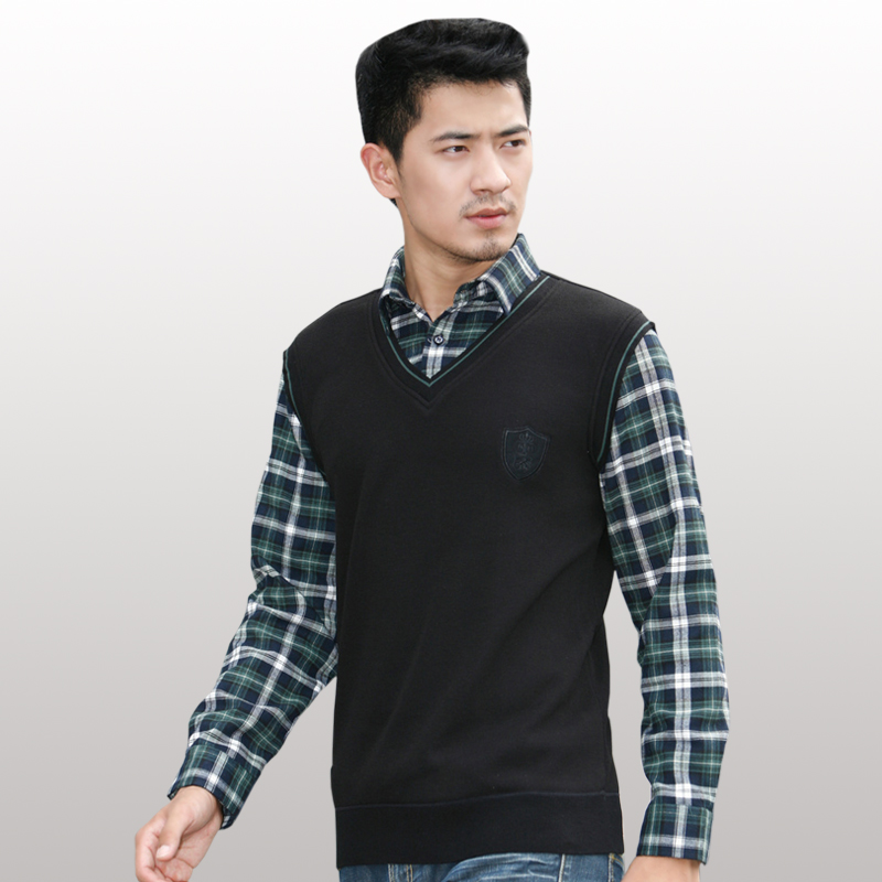 Autumn and winter commercial long-sleeve plaid shirt collar thickening faux two piece thermal underwear 100% cotton knitted