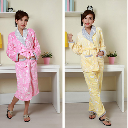 Autumn and winter coral fleece kimono women's long-sleeve set thermal heart lounge robe sleepwear