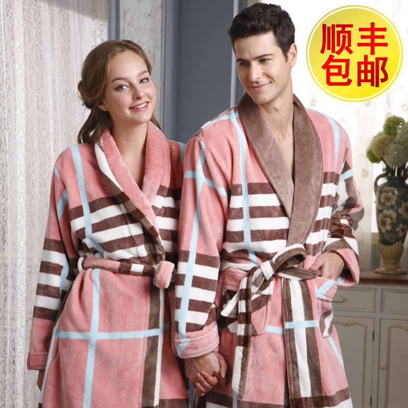 Autumn and winter coral fleece robe male women's lovers sleepwear thickening lengthen casual lounge 8362