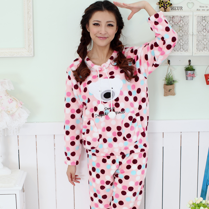 Autumn and winter coral fleece sleepwear female long-sleeve thickening bear dot lounge set casual wear Free delivery