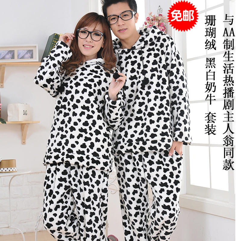 Autumn and winter coral fleece sleepwear female set parent-child long-sleeve leopard print cow male lovers lounge