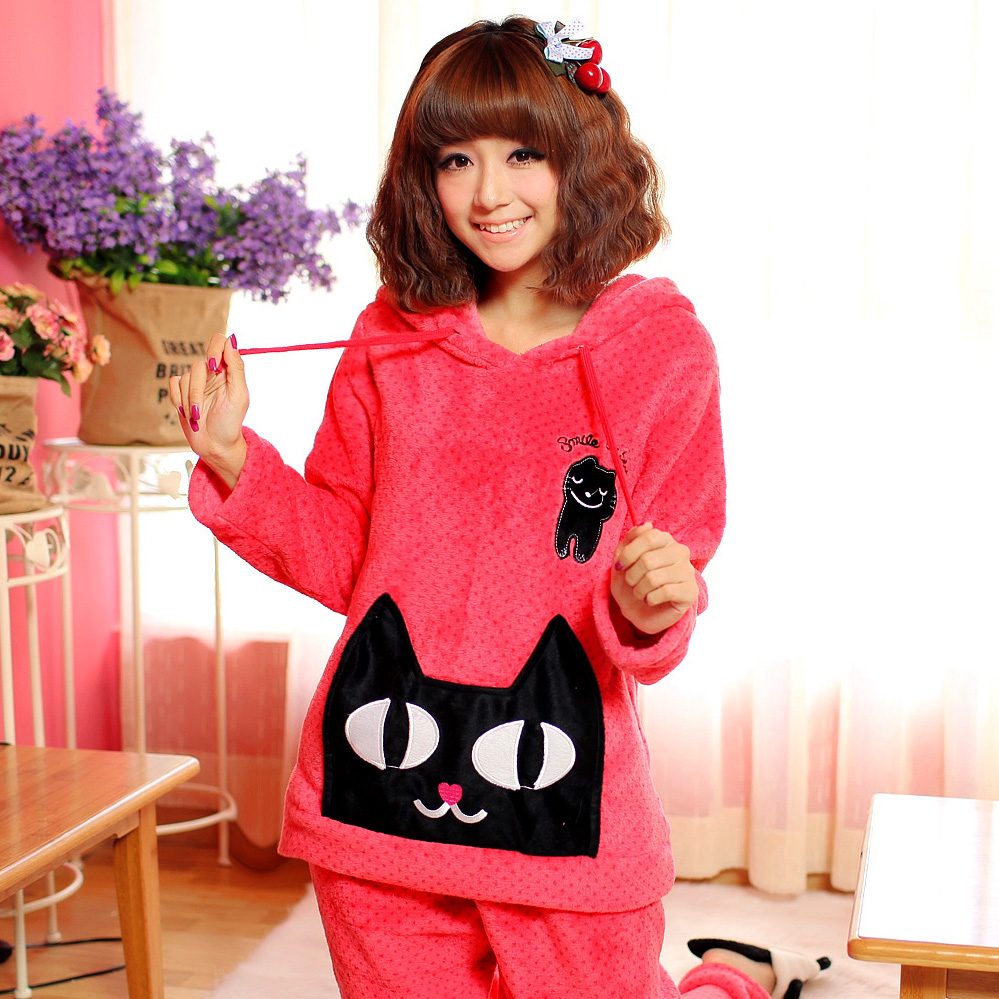 Autumn and winter coral fleece sleepwear female thickening thermal sweet cartoon flannel sleepwear lounge set