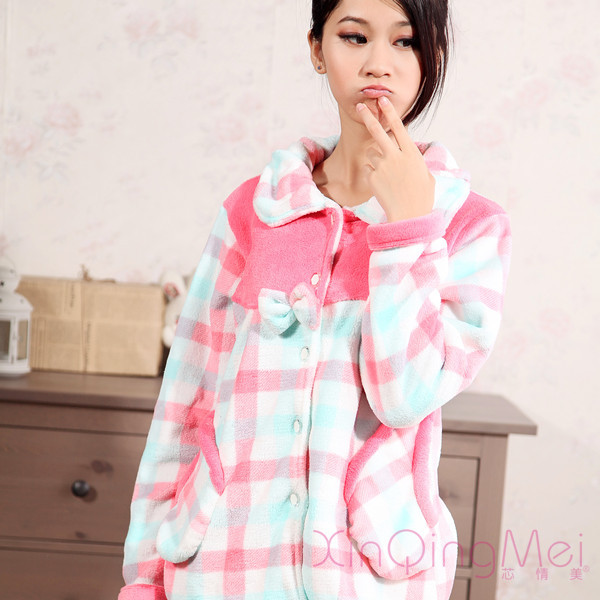 Autumn and winter coral fleece sleepwear plaid bow turn-down collar women's long-sleeve set