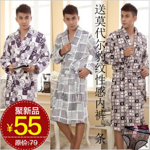 Autumn and winter coral fleece sleepwear plaid robe male one piece bathrobes long-sleeve lounge autumn and winter thickening