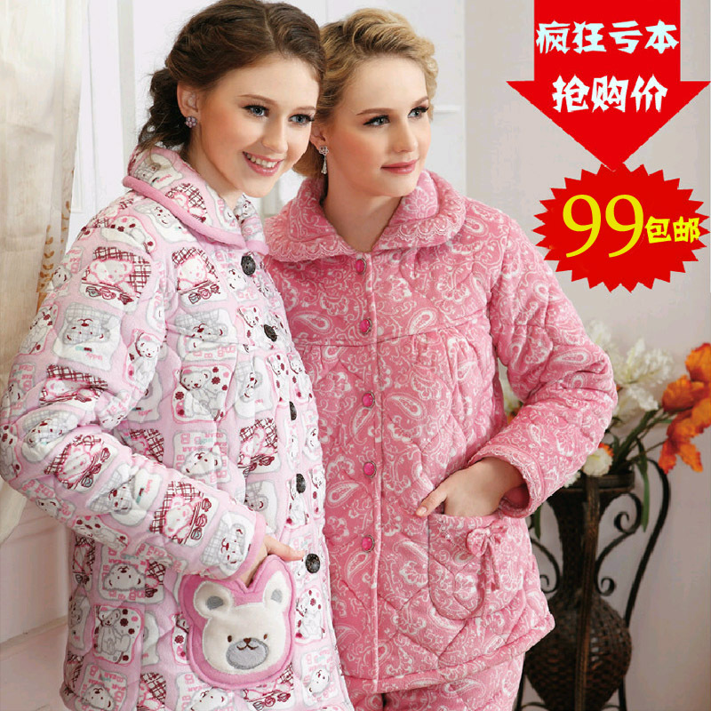 Autumn and winter cotton-padded sleepwear cartoon thermal Women lounge thickening coral fleece set