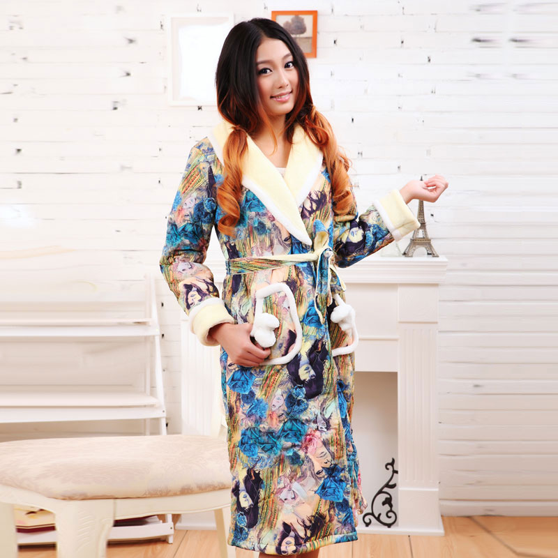 Autumn and winter cotton-padded women's robe coral fleece robe cotton-padded female lacing robe a6328