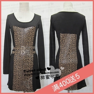 Autumn and winter dress fashion sexy leopard print patchwork leather slim waist hip slim long-sleeve dress slim tight