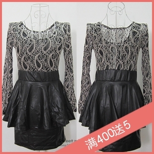 Autumn and winter dress fashion sexy patchwork faux leather lace ruffle racerback slim hip slim long-sleeve dress